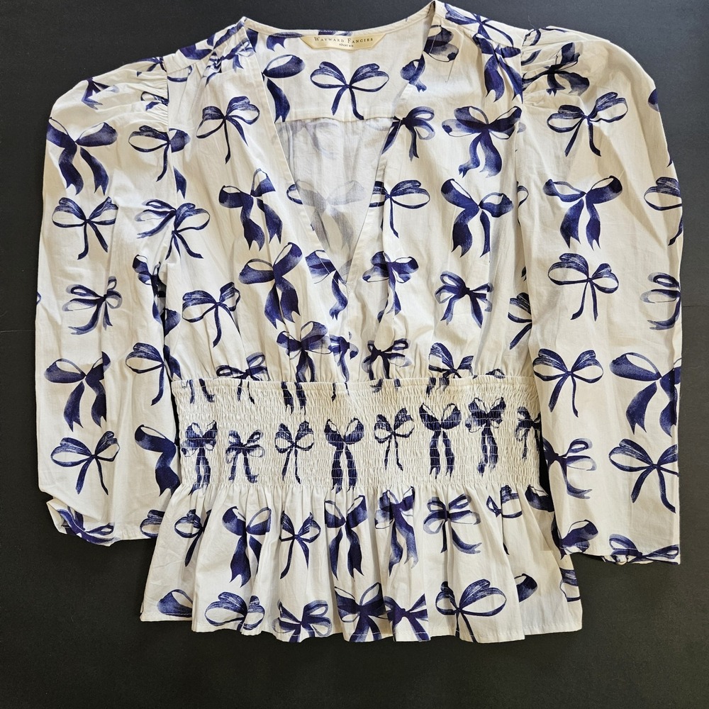 eShakti Wayward Fancies M 10 Ivory Blue Bow Print Cotton Peplum Blouse